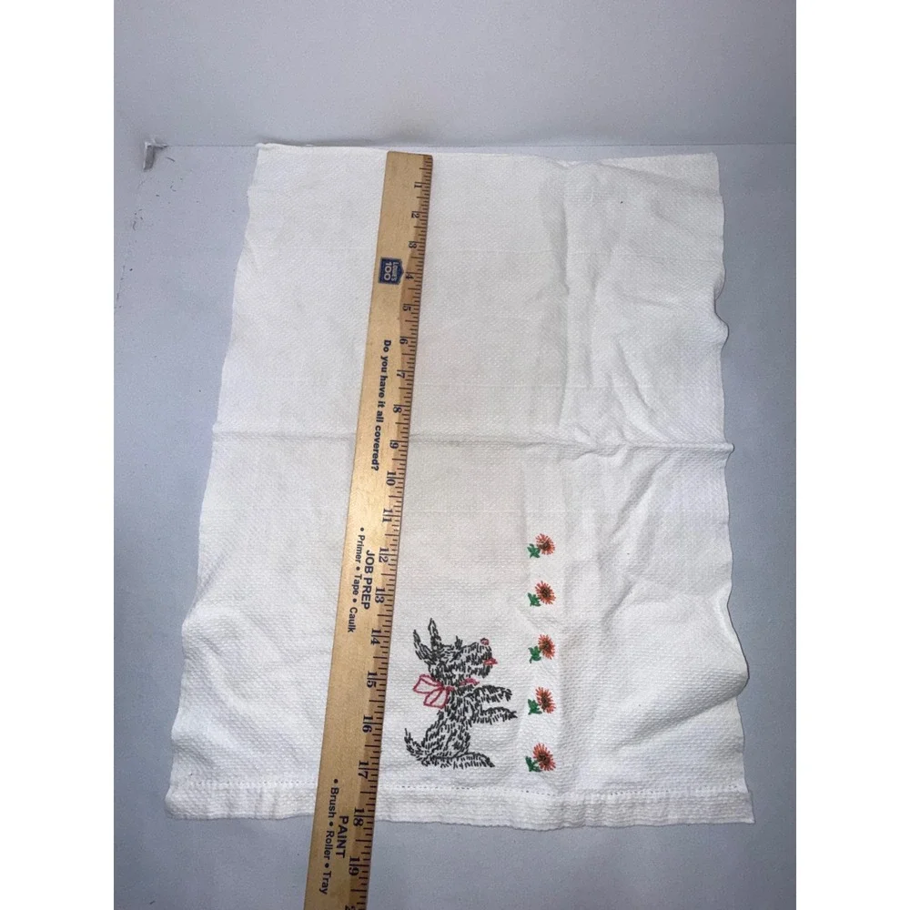 Vtg Scottie Dog Embroidered Waffle Weave Cotton Hand Towel White Orange Floral